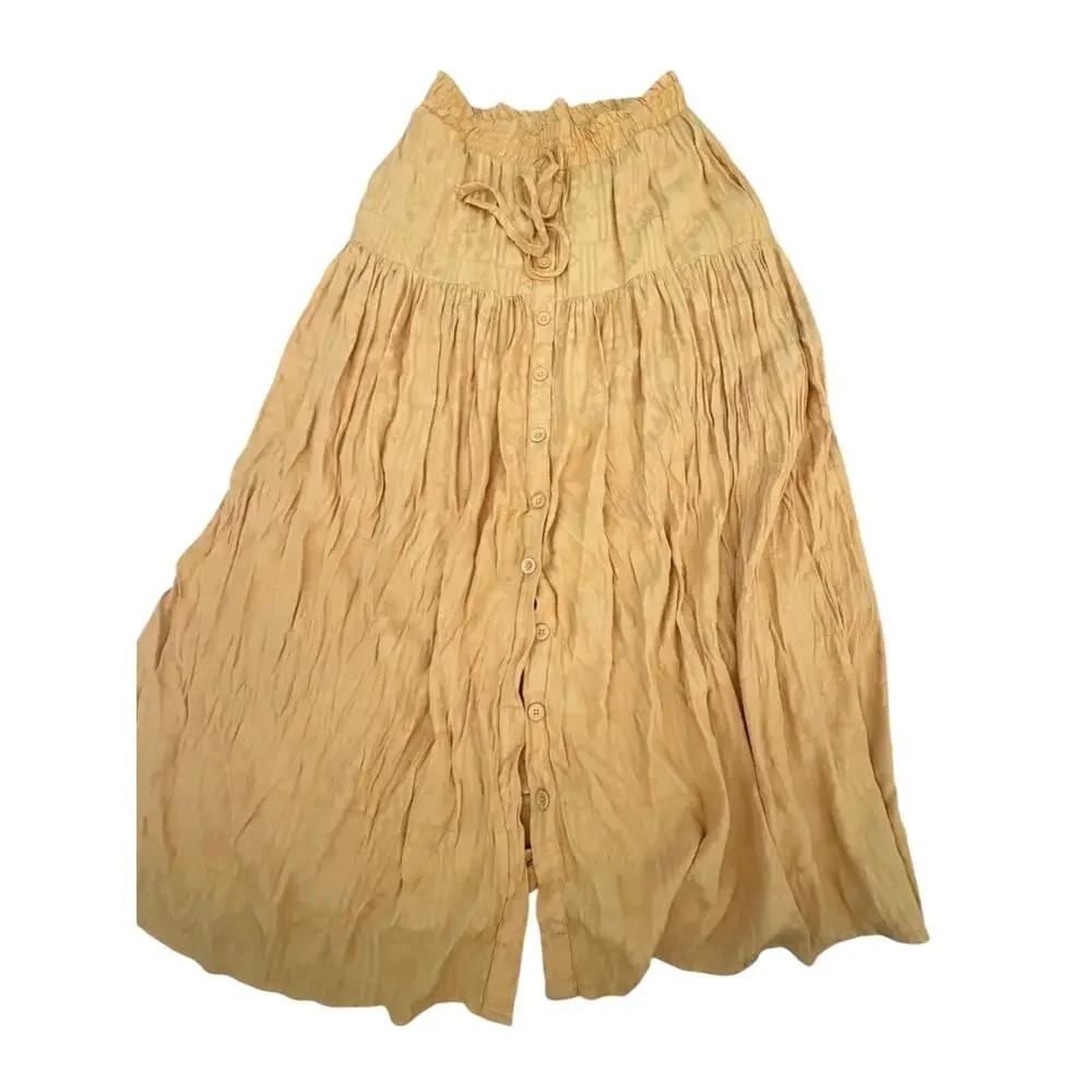 Maeve Carnacion Textured Maxi Skirt Size M Mustard Drawstring Waist Button Front